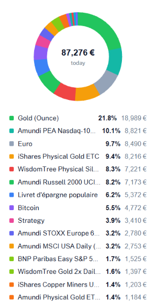 A portfolio’s allocation as a ring: gold 21.8%, Nasdaq-100 10.1%, euro 9.7%, and eleven other lines.